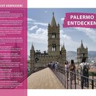 "Nicht verpassen! Palermo entdecken." Im Hintergrund historische Gebäude mit Türmen, Landschaft, Menschen spazieren über eine Dachterrasse.