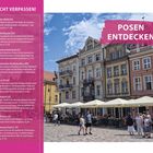 "Nicht verpassen! 1. Alter Markt, 6. Alte Brauerei, 12. Posener Kathedrale, 19. Kaiserliches Residenzschloss," beschreibt Sehenswürdigkeiten. Rechts sind bunte Altstadtgebäude und ein Café mit Menschen unter Sonnenschirmen.
