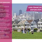 „Nicht verpassen!“ Links Sehenswürdigkeiten: Chinatown, SFMOMA, Ferry Building, Alcatraz, Golden Gate Bridge, Golden Gate Park, Haight-Ashbury. Rechts oben „San Francisco entdecken“. Wohnhäuser im Vordergrund, Stadtbild im Hintergrund.