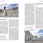**Texte:**  
Seite 8: Willkommen in Wien, Wege der österreichischen Demokratie: das eindrucksvolle Parlament  
Seite 9: Kurztrip nach Wien, 1. Tag  

**Beschreibung:**  
Links: Reiterstatue vor einem großen Gebäude mit Säulen.  
Rechts: Prachtvolle Architektur, Menschen spazieren auf einem Platz.