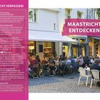 Text: "NICHT VERPASSEN!", "MAASTRICHT ENTDECKEN", dazu eine Liste mit Sehenswürdigkeiten. Menschen sitzen draußen in Restaurants.