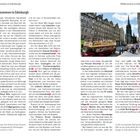 Links oben steht "Willkommen in Edinburgh". Rechts eine Straße mit alten Gebäuden und einem Touristenbus im Vordergrund.