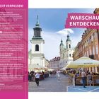 "Warschau Entdecken", "Nicht verpassen!", Informationen zu Sehenswürdigkeiten. Straßenszene mit Kirchen und Cafés unter Sonnenschirmen.