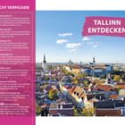 "TALLINN ENTDECKEN" in weißen Buchstaben auf pinkem Hintergrund. Ansicht einer Stadt mit historischen Gebäuden und Türmen.