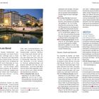 Seite mit Text über "Triest am Abend". Clubs und Kultur sind prominent erwähnt. Bild zeigt beleuchtete Uferpromenade.