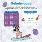 "Geheimcode" beschreibt einen Buchstabencode und eine Nachricht. Surfende Figuren und bunte Blumen im Hintergrund.