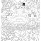 Illustration mit zwei Comic-Figuren auf einer Hochzeitstorte, umgeben von Blumen, Glocken und zwei Vögeln, die ein Band halten.