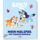 "Bluey" und "Mein Malspaß mit Fingerstempeln". Zwei Hunde malen. Eine Marienkäfer, Schmetterling und Biene sind abgebildet.