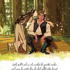 Text: "Liebe fühlt sich an, als würdest du gerettet werden, auch wenn du weißt, dass du dich selbst retten kannst." Illustration eines Paares im Wald, sie flüstert ihm zu.