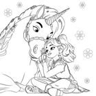 "Ava & Leaf" steht oben. Ein Mädchen umarmt ein Einhorn, umgeben von Blumen. Eine freundliche, detailreiche Illustration.