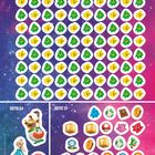 Text: "Seite 27", "Seite 34", "Seite 31". Darstellung: Sticker von bunten Charakteren in einem galaktischen Hintergrund.