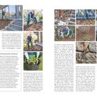Seiten 18 und 19, Text beschreibt Gartenarbeiten und Pflanzliste. Bilder zeigen Person beim Pflanzen und Vorbereiten des Gartens.