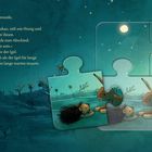 Text über Hasen und Igel, ihre Freundschaft, Winterruhe. Illustration mit Puzzle, Hase und Igel unter Sternenhimmel.