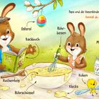 Eine Illustration von Hasen beim Backen mit Beschriftungen wie "Backbuch", "Mehl" und "Rührschüssel".