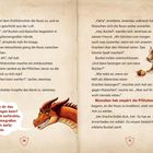 Doppelseite mit einem lachenden roten Drachen links und einem Eichhörnchen mit einer Nuss rechts. Text: Gespräch über Nüsse.