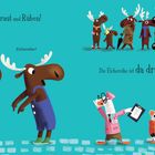 Ein Elch mit Strohhalm, eine wartende Elchreihe und Gänse mit Schildern, auf türkisem Hintergrund. Humorvolle Illustration.