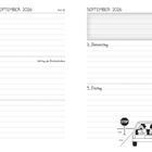 August/September 2026, Montag bis Freitag. Notiz: "Diese Woche nicht vergessen". Illustration: Auto mit "Wir werden entführt?".