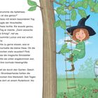 Text: Dialog zwischen der Apfelhexe und einem Hirschkäfer. Illustration: Hexe auf Baumleiter neben Wohnwagen.