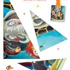 Text: "BILDERPUZZLE". Illustration: Tiere wie Giraffe, Elefant und Krokodil in bunten, dreieckigen Puzzleteilen.