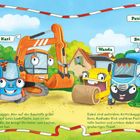 "Mit dabei sind: Max, Leni, Karl, Wanda, Bene, Rick, Paul." Illustration von fröhlichen Baustellenfahrzeugen auf einer Baustelle.
