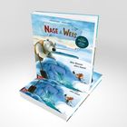 Buchtitel: "Nase & Weis". Untertitel: "Was Wasser alles kann!". Ein Bär und eine Maus auf einer eisigen Illustration.