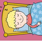 Text: "6 schläft". Illustration: Kind mit Mütze spaziert, Hund daneben. Hintergrund grün mit hellgrünen Punkten.