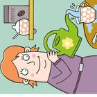 Text: "Kaffee". Illustration mit einer Person, die eine Gießkanne kippt und Flüssigkeit in eine Tasse gießt.