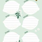 Text: "Geburtstage", Monate August bis Januar. Sechs Zitronenformen, eine Biene und Blumen als Illustrationen.