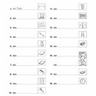 Aufgabenblatt mit Abbildungen: Tisch, Computer, Buch, Stift, Tasche, Schere, Mülleimer, Zeitung, Lehrer, Uhr.
