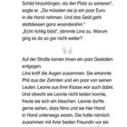 „STRENGSTENS VERBOTEN“ auf einem Blatt, „VERLETZUNGSGEFAHR!“, Gespräch über Schild, Gestalten, Listen „9. Klasse“.