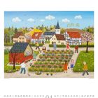 Kalenderblatt April. Illustration eines Dorfes mit blühenden Gärten, Fachwerkhäusern, Menschen spazieren bei sonnigem Wetter.