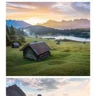 Blick ins Možnica-Tal, Slowenien. Drei Landschaftsfotos mit Bergen, Wiesen und Hütten. Unten ein Kalender für April.