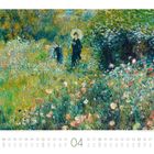 04, 2024. Eine impressionistische Gemälde-Szene mit blühender, grüner Landschaft und einer Figur mit Sonnenschirm.