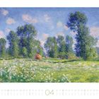 Kalendertage April. Landschaftsgemälde: Grüne Wiese, Bäume, blauer Himmel, Heuhaufen. Impressionistischer Stil.