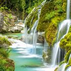 Zitat von Buddha: "Lass deinen Geist still werden wie einen Teich im Wald..." Ein grüner Wasserfall mit Moos und blauem Wasser.