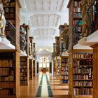 Zitat von Charles Kingsley über die Kraft von Büchern. Bibliothek mit hohen Holzregalen, Statuen und einem gewölbten Deckenbereich.
