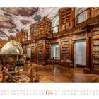 04 ist groß in der Mitte. Unten sind Kalendertage. Barocke Bibliothek mit großem Globus und verzierten Regalen.