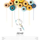 Text: "Januar". Illustration: Kind hält Regenschirm, umgeben von Garnrollen als Luftballons. Datumsfelder für den Monat.