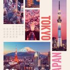 Kalenderseite mit "Tokyo", "Japan" und "04". Bilder: Stadtansichten, Pagode, Kirschblütenallee und Fernsehturm.