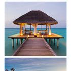 Kalender zeigt April. Drei Landschaftsfotos: Felsenstrand, Strandhütte auf Steg, Palme am Strand bei Sonnenuntergang.