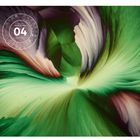 "04 Karl Gaff The Art of Science Struktur von Zucker" stehen in einem Kreis. Abstrakte, wirbelnde Farbmuster in Grün- und Lilatönen.