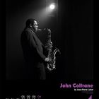 Text: "John Coltrane" in Lila, Zahl "4" unten. Schwarz-Weiß-Bild eines Mannes, der Saxophon spielt, mit zwei Scheinwerfern.