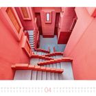 Kalenderblatt für April, abgebildet sind rote und rosafarbene geometrische Strukturen und Treppen.