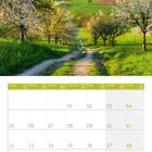 Kalendarium für April 2027. Oben blühende Kirschbäume in einer Frühlingslandschaft, mit Hügeln im Hintergrund.