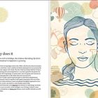 „Slowly does it. From food to work to holidays, the evidence that taking life down a notch is beneficial to happiness is growing.“ 

Auf der rechten Seite ist eine Illustration einer Frau mit geschlossenen Augen, umgeben von Mustern und Symbolen wie Heißluftballon und Teetasse.