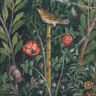 Zahl "4" unten links, Kalender-Zahlen entlang unten. Gemälde: Vogel sitzt auf Stängel, umgeben von üppigem Blattwerk und Blumen.