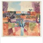 „Hamamet 1914“, April-Kalenderblatt. Aquarell-Landschaft in warmen Tönen mit abstrakten Formen und Palmen.