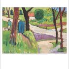 April-Kalenderblatt mit Gemälde: Zäune, Bäume, ein Weg und eine Person in einer grünen, idyllischen Landschaft.