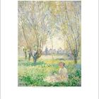 April-Kalender, Bild von Claude Monet: Frau in heller Kleidung sitzt im grünen Park, umgeben von hohen Bäumen.