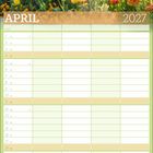 APRIL 2027. Kalender mit gelbem, grünem und orangenem Layout. Foto: Holzbank im Garten, umgeben von bunten Blumen.